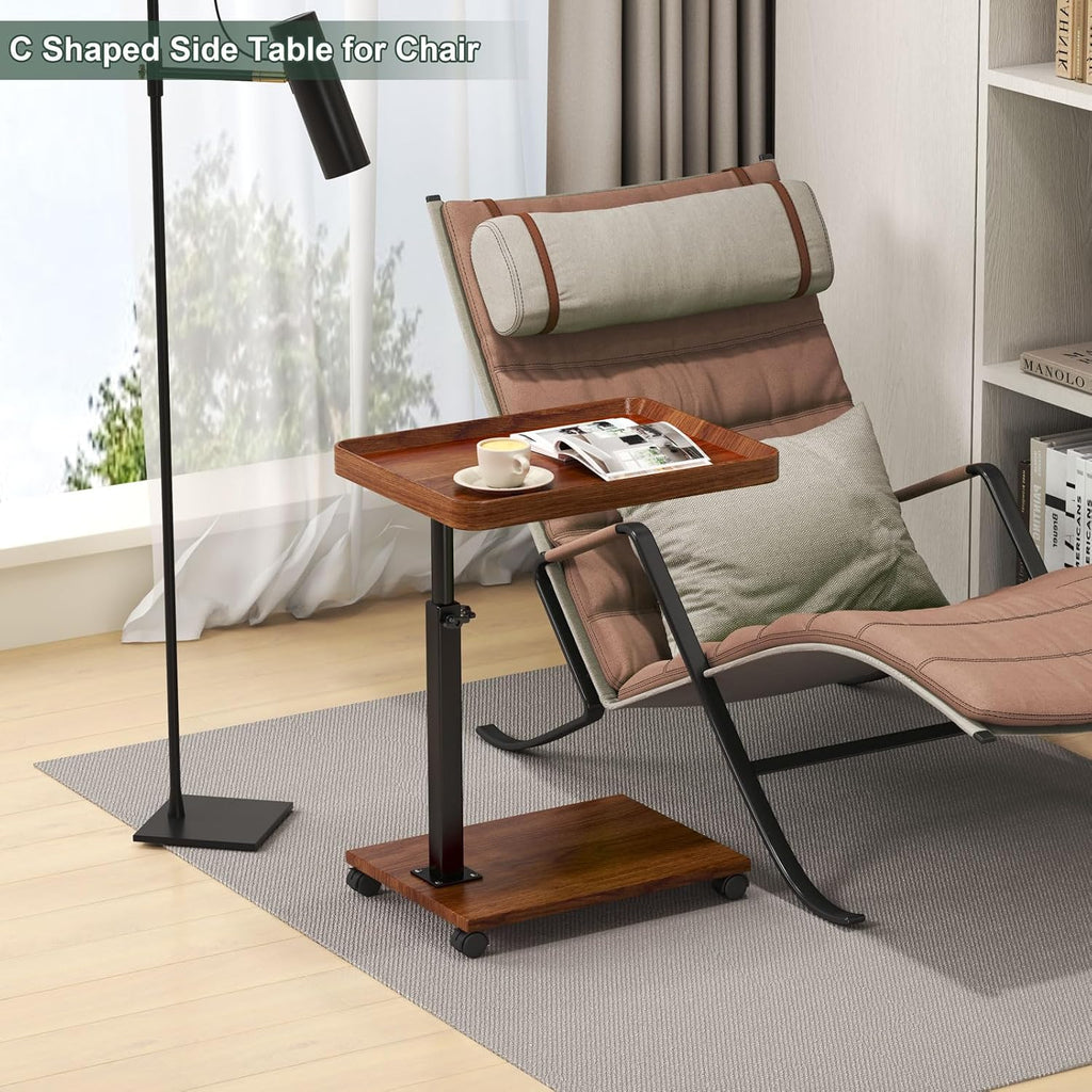 C Shaped Side Table with Wheels, Adjustable Height C Shaped End Table for Couch, 360°Swivel Side Tables that Slide Under, Rolling Small Coffee C Table End Table for Sofa/Bed/Bathtub (Brown)