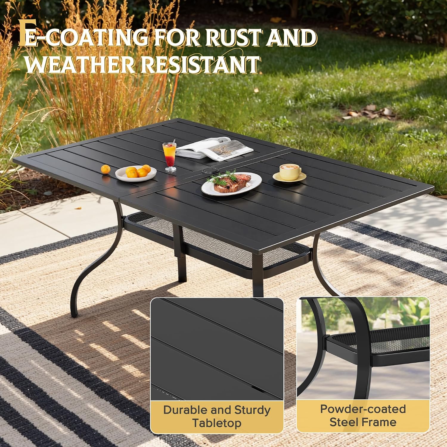 SUNCROWN 60"x37" Black Patio Outdoor Dining Table Metal Steel Slat Rectangular Bistro Table for Porch Deck Garden Backyard Poolside, 1.57" Umbrella Hole