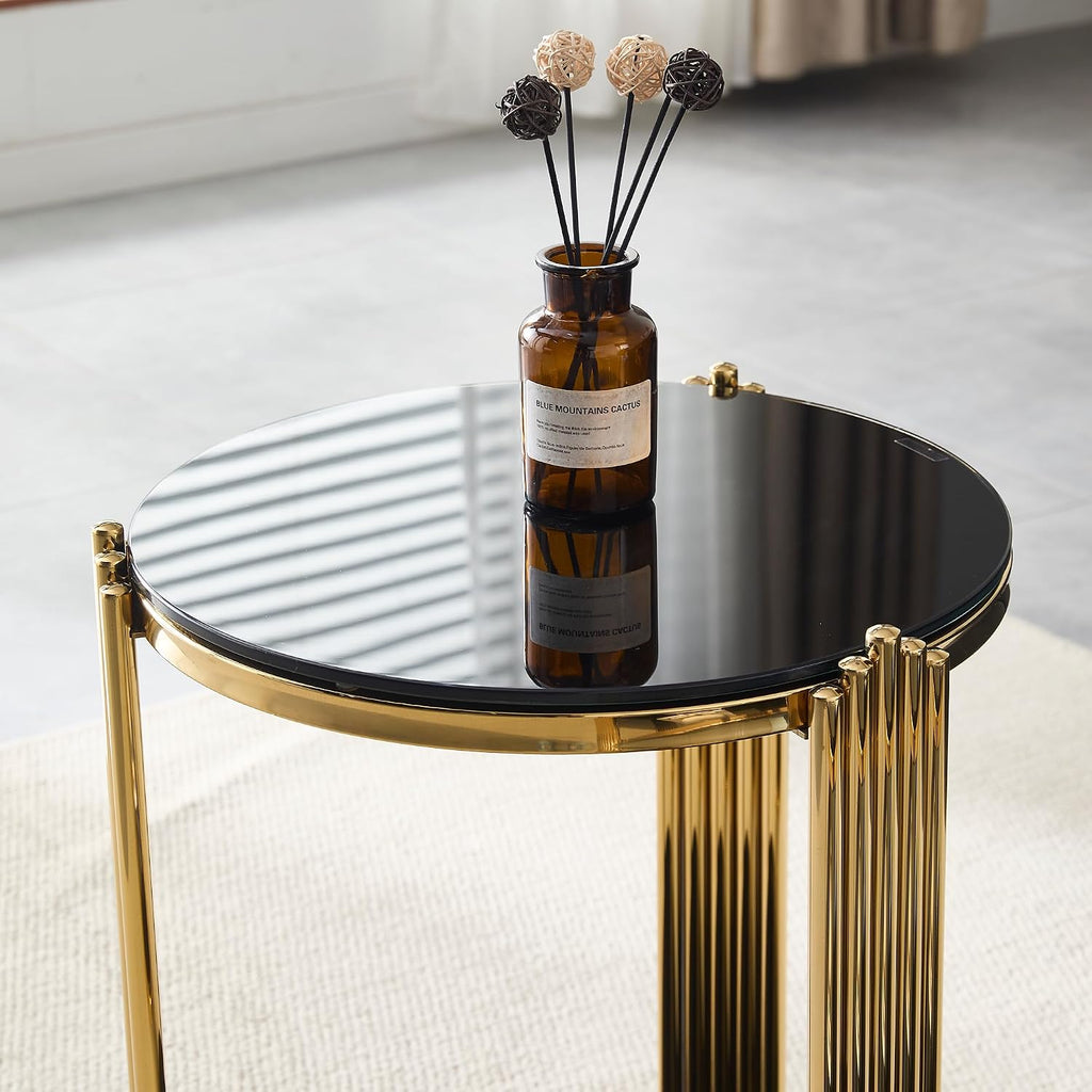 Henf Round Glass End Table Modern Luxury Accent Sofa Side Table, 2-Tier Black Glass End Tables Nightstand with Tempered Glass Top and Shiny Gold Stainless Steel Base for Living Room Bedroom