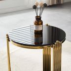 Henf Round Glass End Table Modern Luxury Accent Sofa Side Table, 2-Tier Black Glass End Tables Nightstand with Tempered Glass Top and Shiny Gold Stainless Steel Base for Living Room Bedroom