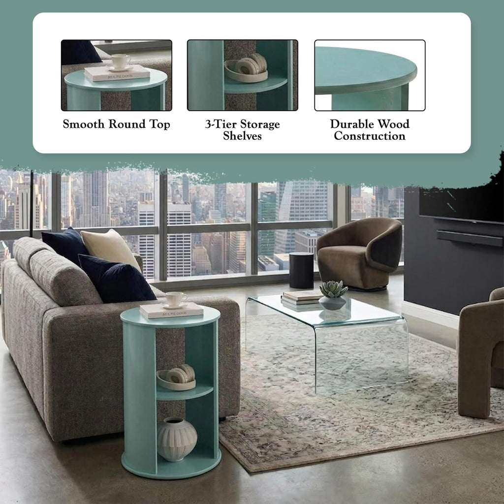 Kings Brand Furniture Round 3-Tier Accent Side Table with Storage Shelves, Wooden End Table Bedside Table for Living Room or Bedroom (Glacier)
