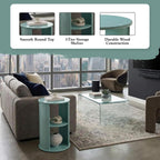 Kings Brand Furniture Round 3-Tier Accent Side Table with Storage Shelves, Wooden End Table Bedside Table for Living Room or Bedroom (Glacier)