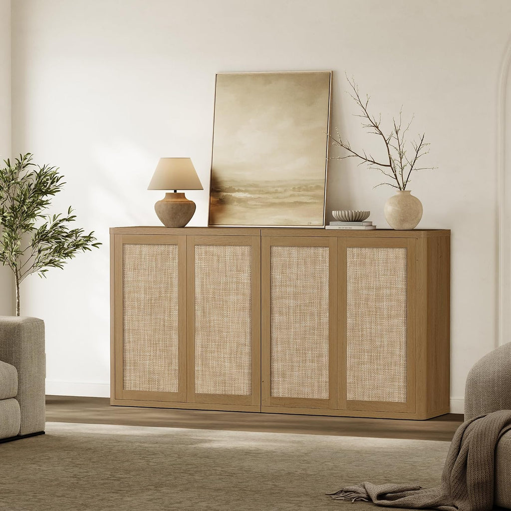 SICOTAS 64" Rattan Modular Buffet Sideboard Storage Cabinet - Large Credenza Console Table with Adjustable Shelves, Farmhouse Boho Coffee Bar Cabinet Stand for Living Room, Hallway, Dining Room