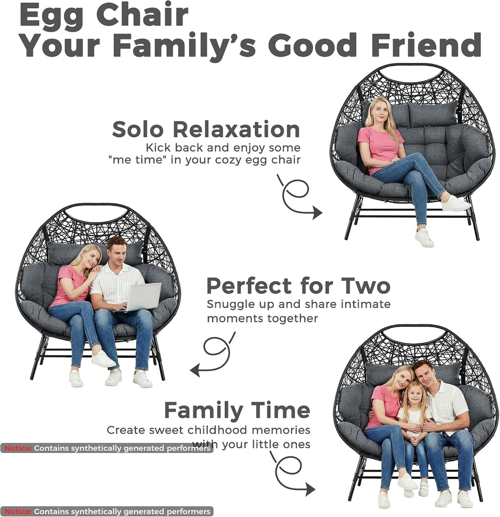 IRONCK Egg Chair Outdoor, Double Egg Lounge Chair with Thickened Padded Cushions and Headrests, 700 Lbs 2 Person Egg Loveseat for Garden, Indoor, Porch, Balcony, Patio, Dark Gray