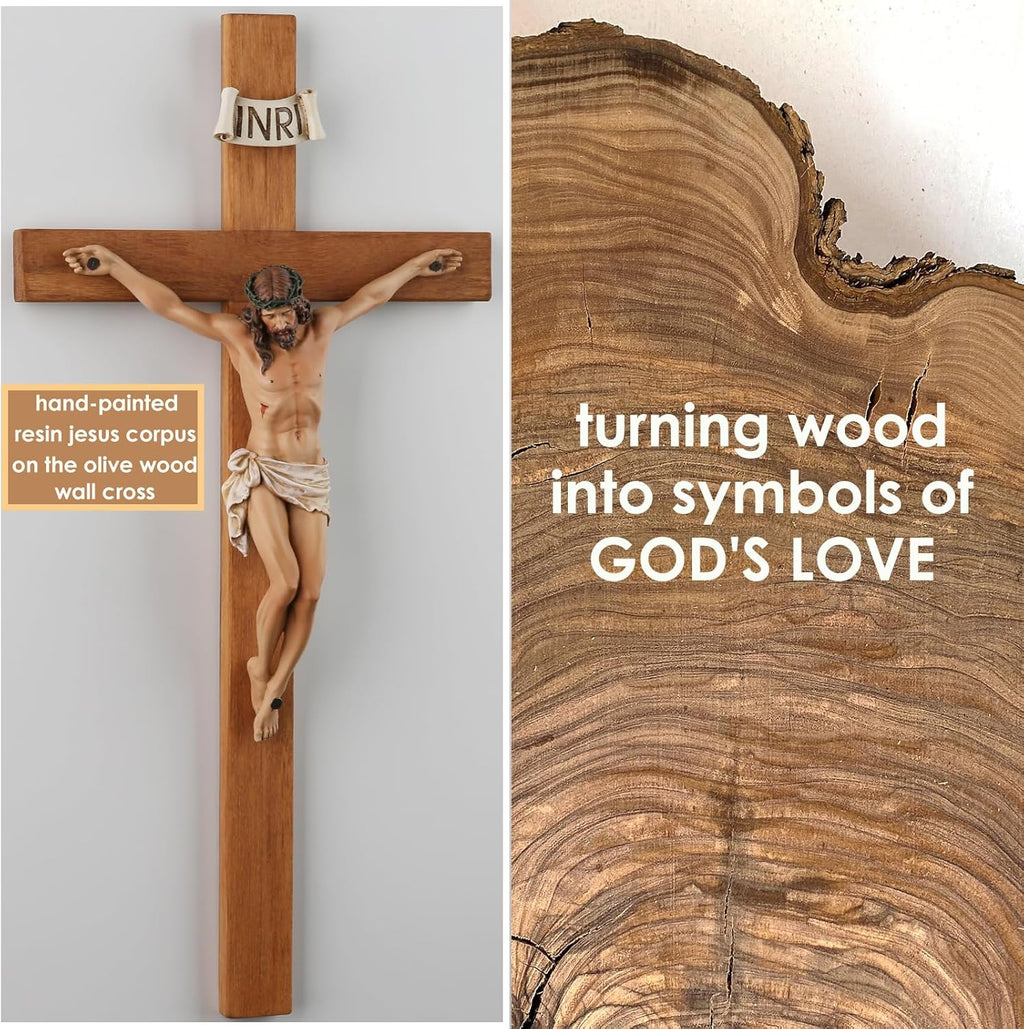 Crucifix Wall Cross - 14 Inch Olive Wood Wall Crucifix, Hand Painted Resin Jesus on Wooden Crucifix Catholic Home Decor Housewarming Religious Gifts