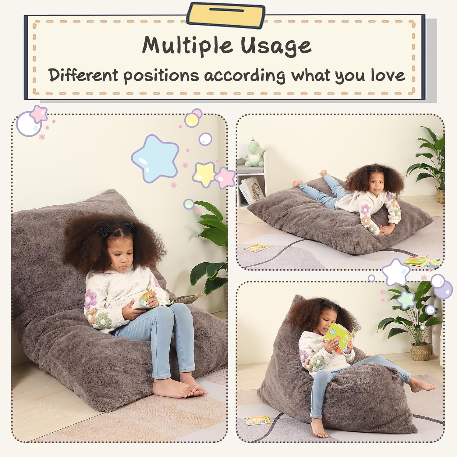 MOMCAYWEX 3-in-1 Kids Bean Bag Chair, Gaint Pillow Mattress for Kids, 35" x 50" x 10", Dark Brown
