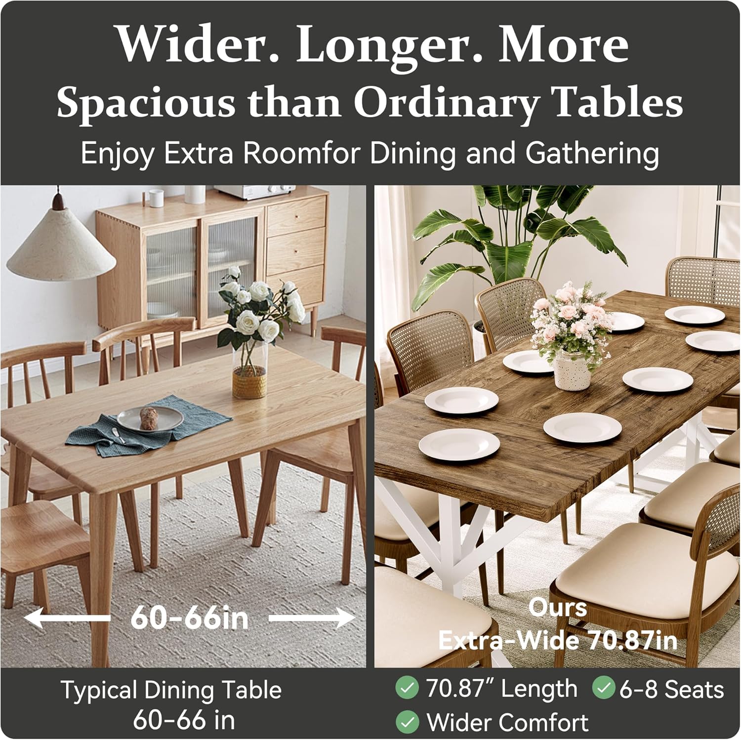 70.8 Inch Rectangular Dining Table for 6-8 People, Farmhouse Kitchen Table with Metal Base & Solid Wood Top, Easy Assembly, Water-Resistant, for Dining Room & Kitchen, Natural & White