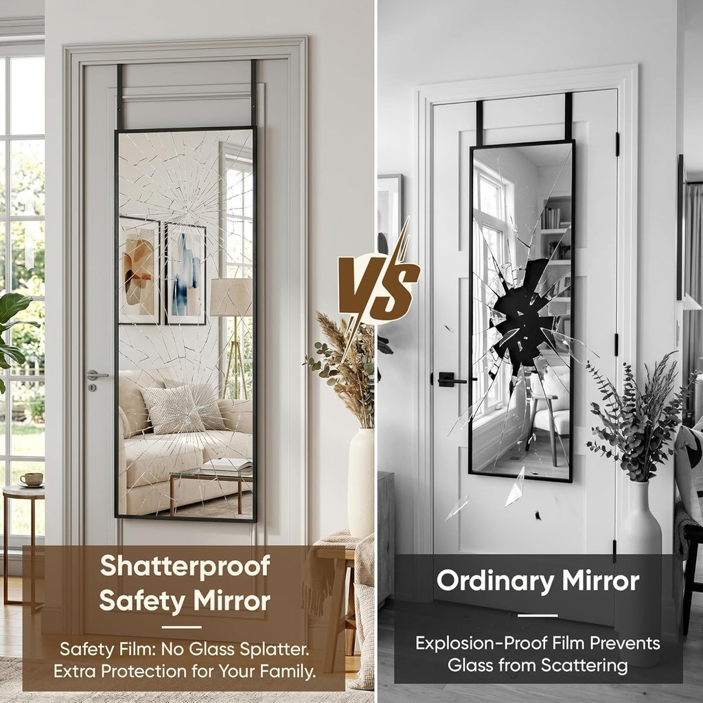 Antok 58"×20" Full Length Door Mirror, Over the Door Mirror with Aluminum Alloy Frame, No Drill Installation, Shatterproof Glass, Wall Mounted Hanging Mirror for Bedroom, Dorm, Bathroom, Black