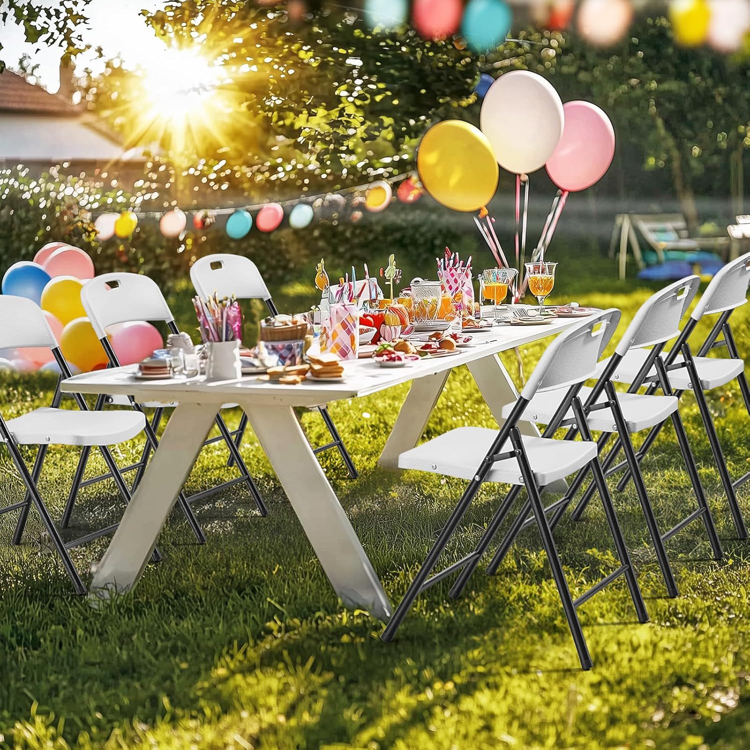 Bonnlo 10-Pack White Plastic Folding Chairs, Portable Seat with Sturdy Steel Frame for Indoor & Outdoor Use, Perfect for Banquet, Party, Wedding, Office, and Camping