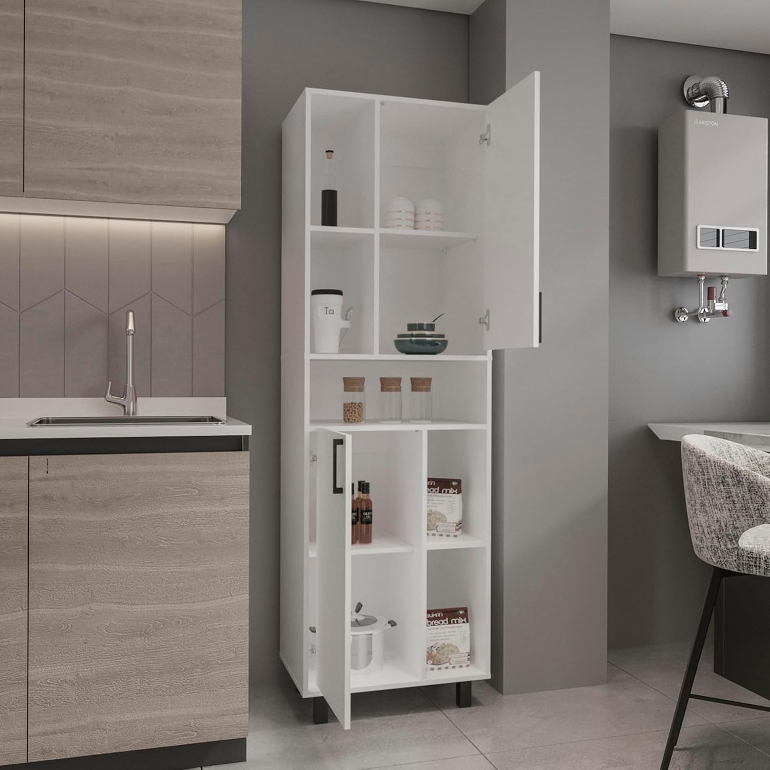 23.6" D* 16.2" W*74.8" H Kitchen Pantry with 4 Shelves, 2 Single Doors with 8 Storage Cubbies, Rectangular Storage Cabinet, Modern Minimalist, for Living Room, Dining Room, White