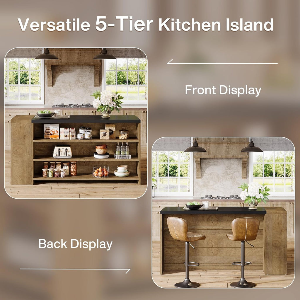 Tribesigns 55" Kitchen Island with Storage, Farmhouse 5-Tier Stationary Island Table with 5 Shelves, Wood Coffee Bar Table Storage Cabinet with Large Countertop for Kitchen, Vintage Brown