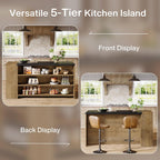 Tribesigns 55" Kitchen Island with Storage, Farmhouse 5-Tier Stationary Island Table with 5 Shelves, Wood Coffee Bar Table Storage Cabinet with Large Countertop for Kitchen, Vintage Brown