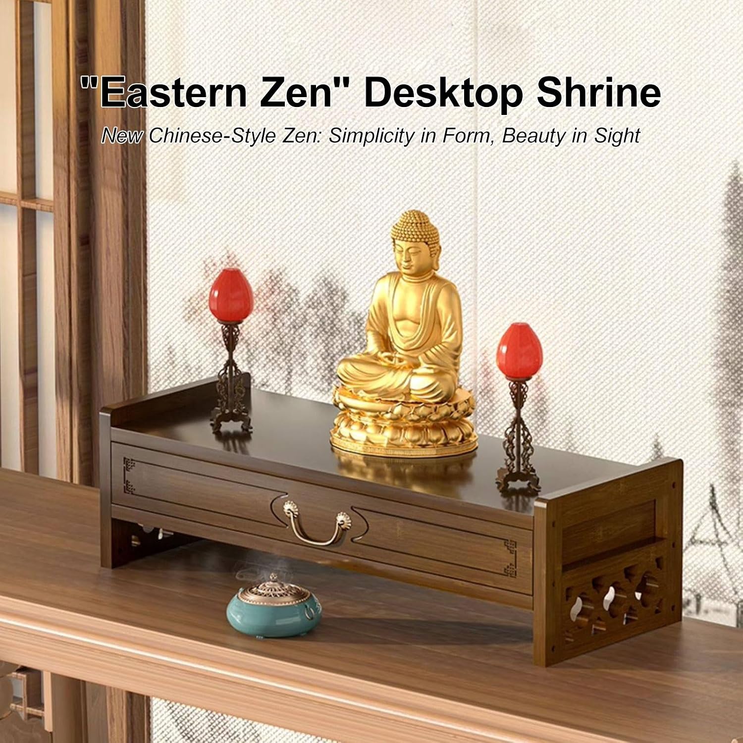 Meditation Table Altar, Small Puja, Altar Table with Storage & Drawers Prayer Shrine Desk, Pooja Mandir for Bedroom, Living Room, Church(Yellow,42 * 16.5cm/16.5 * 6.5in)