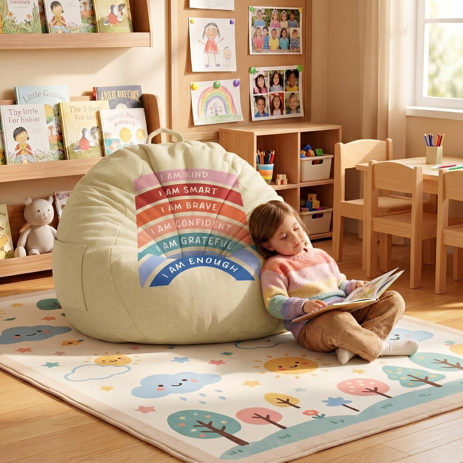Tegeme Reading Calming Corner Supplies Storage Bean Bag Cover (No Filler) for Classroom Back to School Office Therapist Must Haves Calm Down Corner Supplies Boho Classroom Decor 31.5 x 35.4 inches