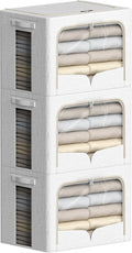 FHSQX 3 Pack Clothes Storage Bins - Foldable Metal Frame Storage Box - Stackable Linen Fabric Container Organizer Set with Carrying Handles and Clear Window (Cream White, 16.5x12.2x12.2inch(40L))