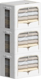 FHSQX 3 Pack Clothes Storage Bins - Foldable Metal Frame Storage Box - Stackable Linen Fabric Container Organizer Set with Carrying Handles and Clear Window (Cream White, 16.5x12.2x12.2inch(40L))