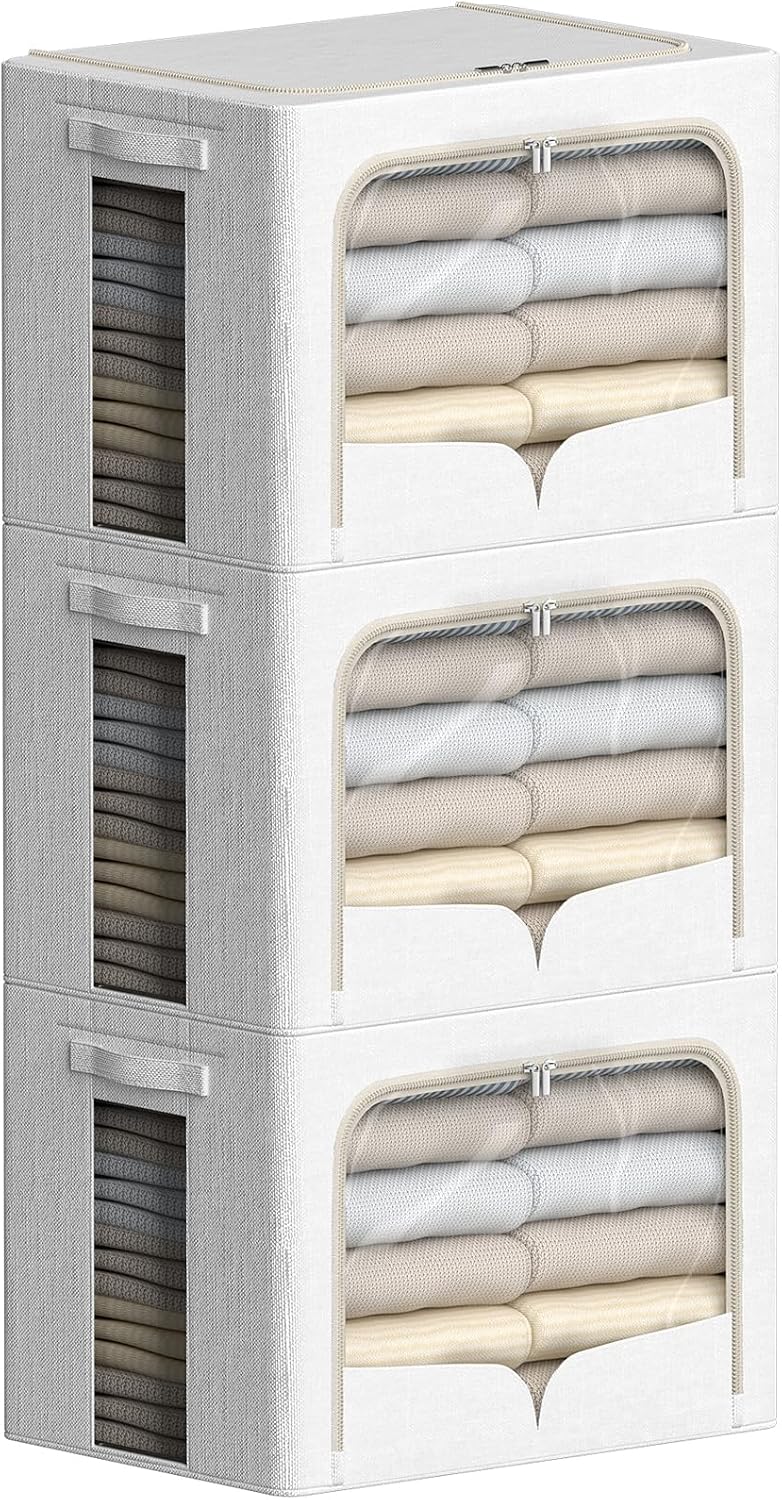 FHSQX 3 Pack Clothes Storage Bins - Foldable Metal Frame Storage Box - Stackable Linen Fabric Container Organizer Set with Carrying Handles and Clear Window (Cream White, 16.5x12.2x12.2inch(40L))