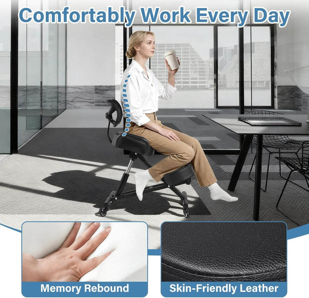 Ergonomic Kneeling Chair with Back Support, Height Adjustable Office Stool, Thick Memory Foam Cushions, Brake Casters Desk Chair for Home Office, Posture Correcting Kneeling Stool for Back Pain Relief