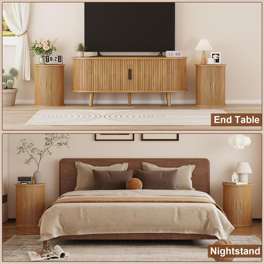 Round Fluted End Table Tall Side Table with Sliding Tambour Door & Storage Shelf, Bedside Table for Living Room Mid-Century Modern Nightstand for Bedroom (1, Natural)
