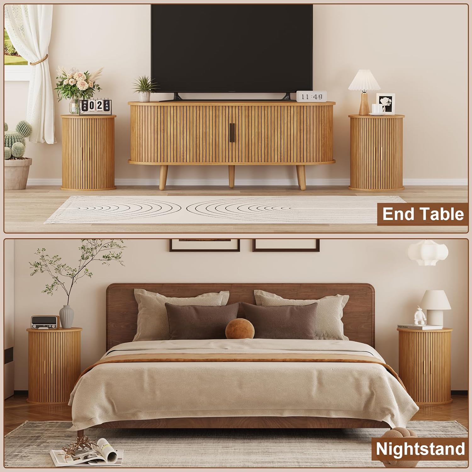 Round Fluted End Table Tall Side Table with Sliding Tambour Door & Storage Shelf, Bedside Table for Living Room Mid-Century Modern Nightstand for Bedroom (1, Natural)