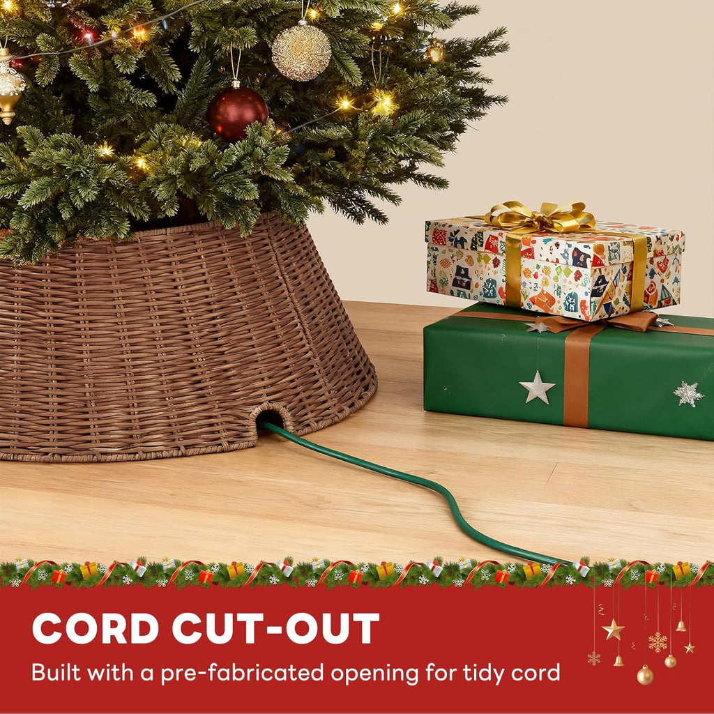 Sweetcrispy Christmas Tree Collar, Wicker Tree Collar for 6-9ft Trees, 4-Piece Wicker Base Cover, Handwoven & Durable for Holiday Decor, Decorative, Brown