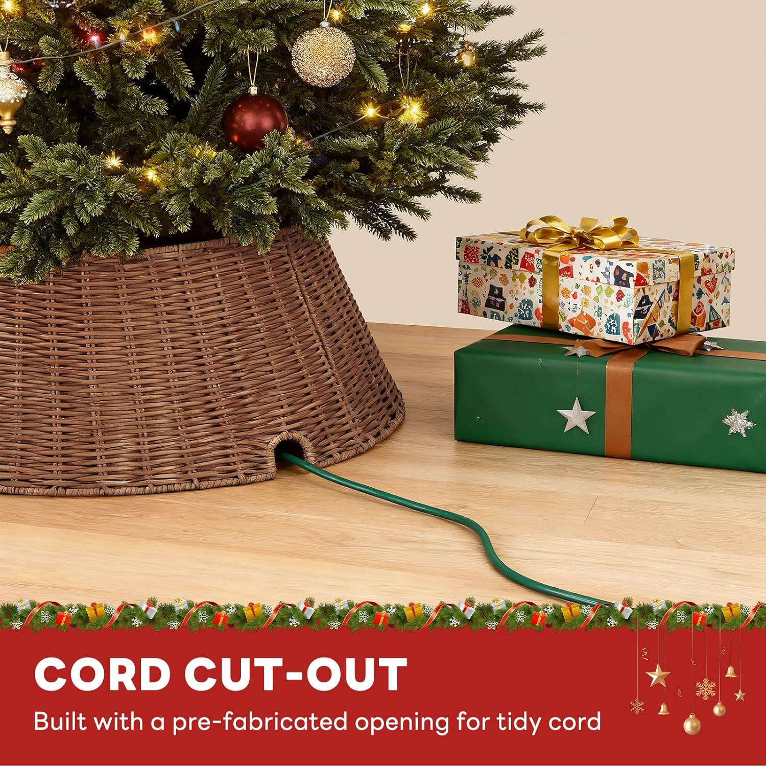 Sweetcrispy Christmas Tree Collar, Wicker Tree Collar for 6-9ft Trees, 4-Piece Wicker Base Cover, Handwoven & Durable for Holiday Decor, Decorative, Brown