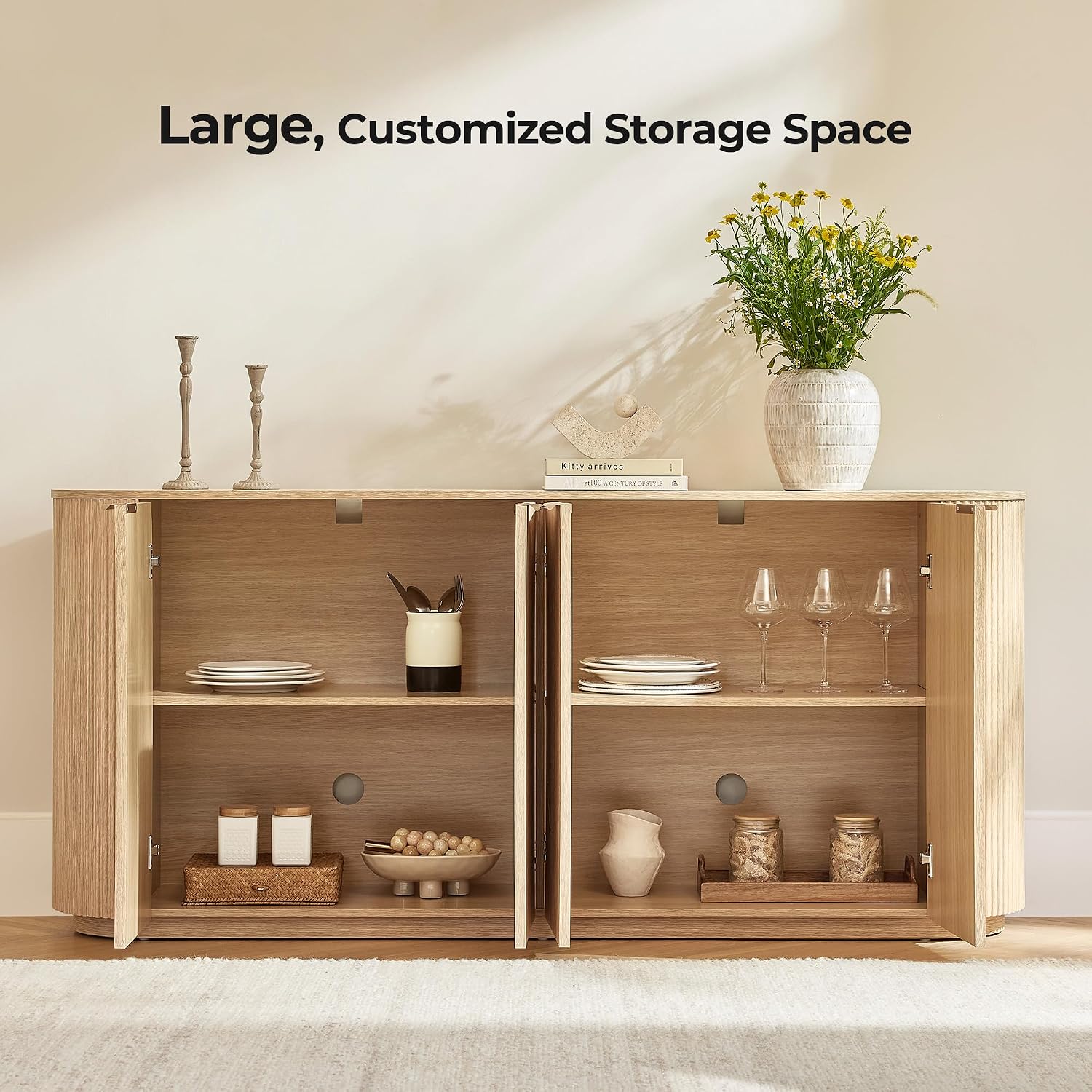 CHITA 70" Sideboard Buffet Cabinet with Storage, Fluted Cabinet with Doors and Adjustable Shelves, Media Console for Living Room, 32" H,Oak