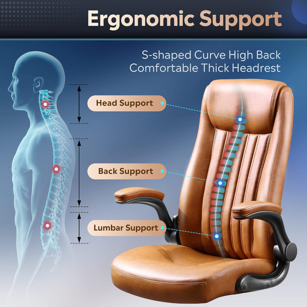 DEVAISE Executive Chair Computer Office Chair, High Back Ergonomic Desk Chair with Adjustable Flip-up Armrests, Lumbar Support and Thick Headrest, Brown