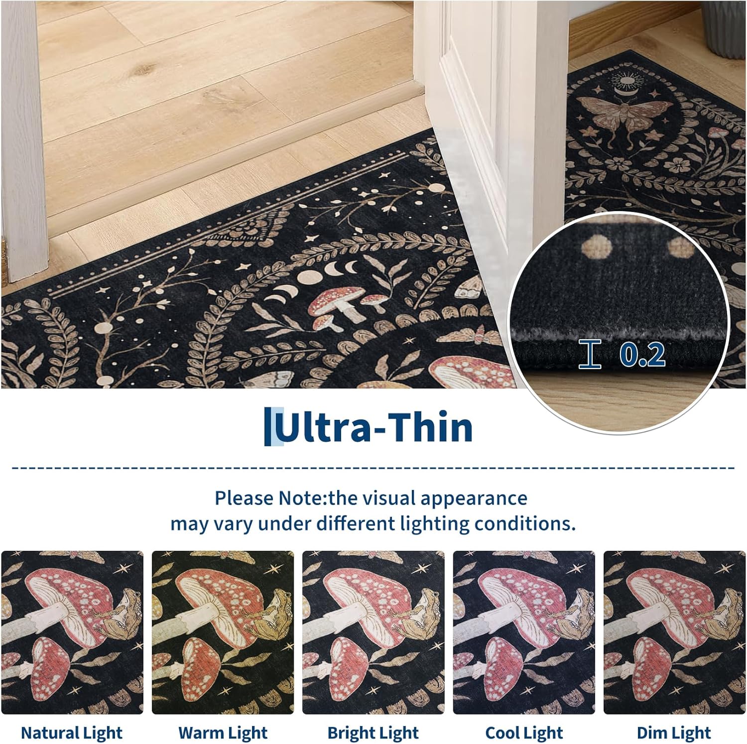 Garvee Mushroom 5x7 Area Rugs for Living Room, Dark Academia Gothic Rug, Non Slip Animal Print Washable Rugs 5x7 Low Pile Bedroom Decor Bug Carpet with Rubber for Playroom Dining Room Office, Black