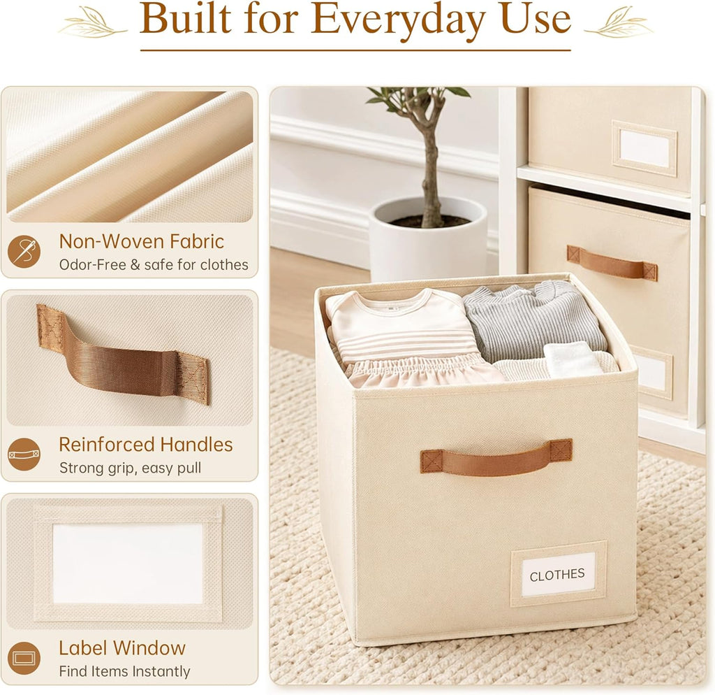Storage Cubes 8 Pack, 11 Inch Fabric Storage Cubes Organizer Bins with Labels, Odor-Free & Sturdy PP Structure, Cubby Baskets for Closet, Shelves, Toys & Nursery (Beige)