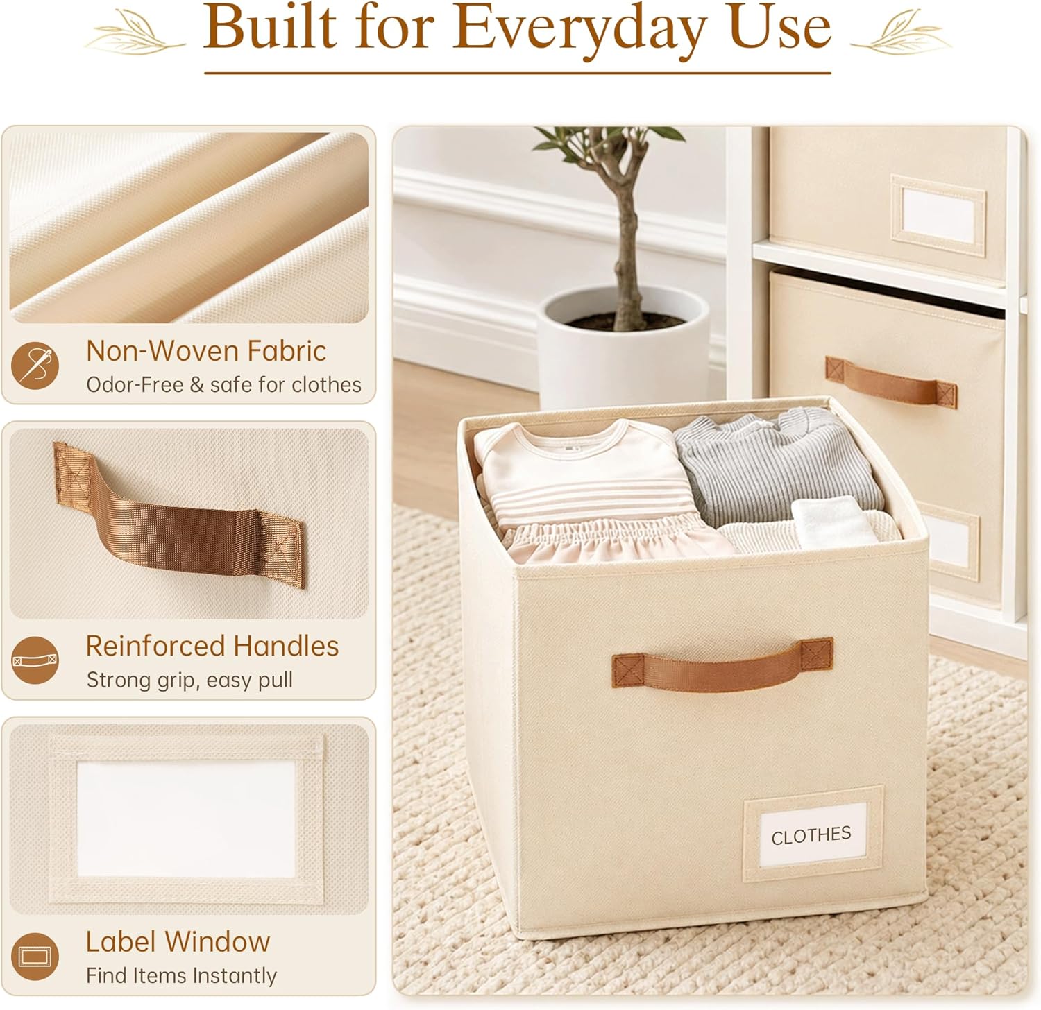 Storage Cubes 8 Pack, 11 Inch Fabric Storage Cubes Organizer Bins with Labels, Odor-Free & Sturdy PP Structure, Cubby Baskets for Closet, Shelves, Toys & Nursery (Beige)