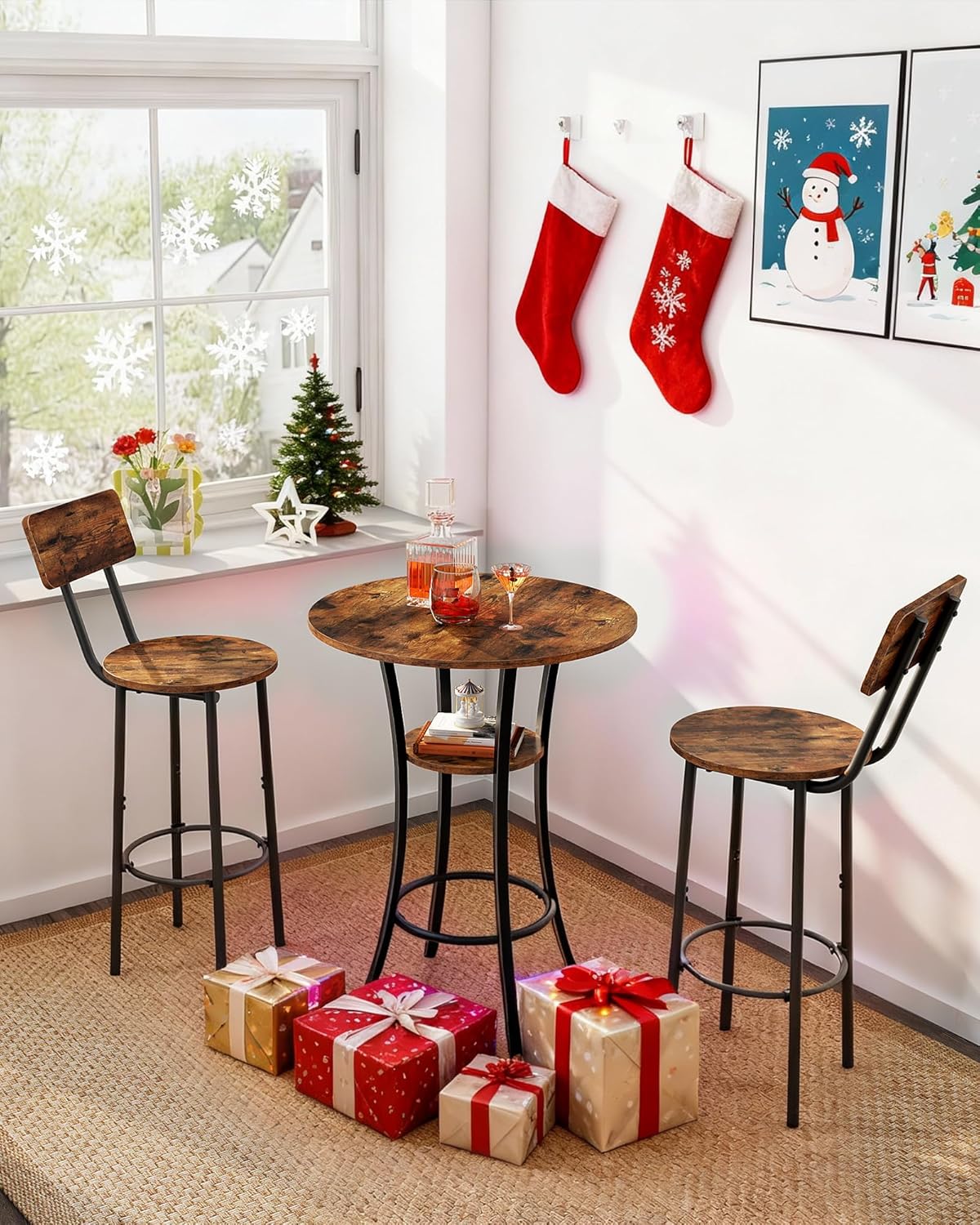 CHOEZON Round Bar Table, 2-Tier High Top & Counter Height Dining Table, for Bistro, Pub, Kitchen, Living Room, Rustic Brown and Black TBT03BF
