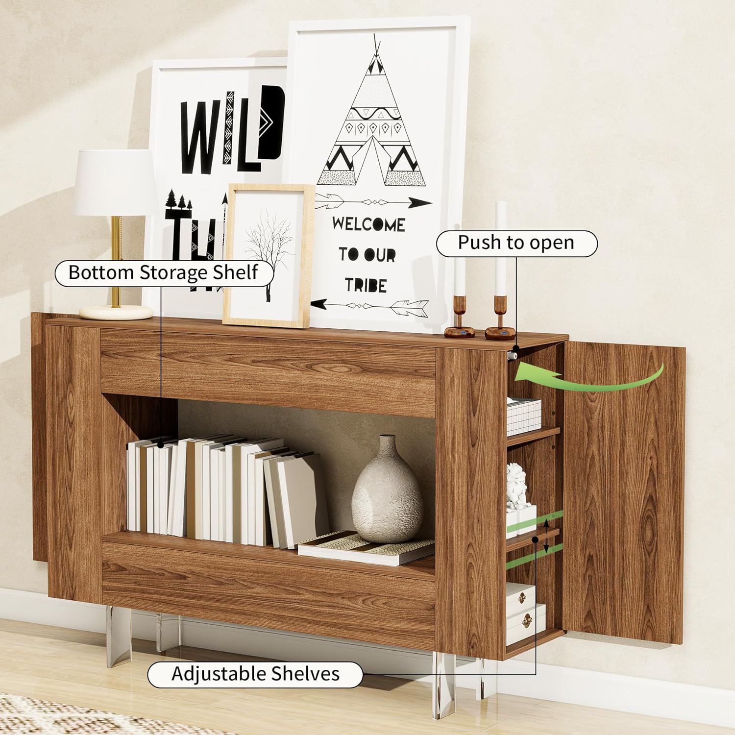 Console Table, 47" Entryway Table with Hidden Storage Cabinets, Adjustable Shelves, Farmhouse Sofa Table for Behind The Couch, Living Room, Hallway, Brown Wood Grain Finish