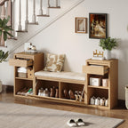 Merax Shoe Storage Bench with Cushion & Flip Compartments, All-in-One Entryway Bench with Drawers and Open Shelves, Solid Wood Storage Bench for Mudroom Hallway Living Room, Rustic Brown