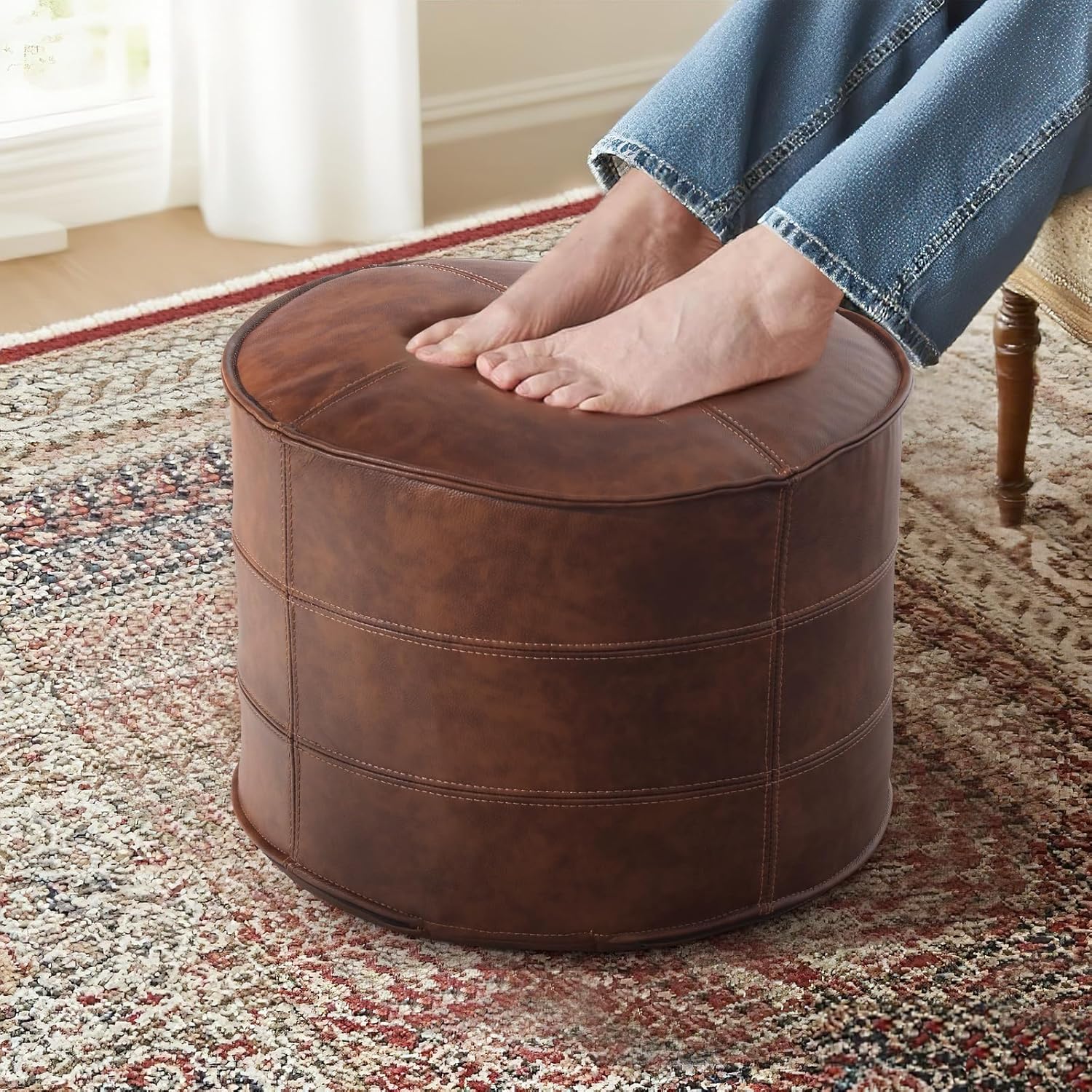 Genuine Leather Round Pouf Ottoman Footstool for Living Room, Bedroom, Indoor (Brown)