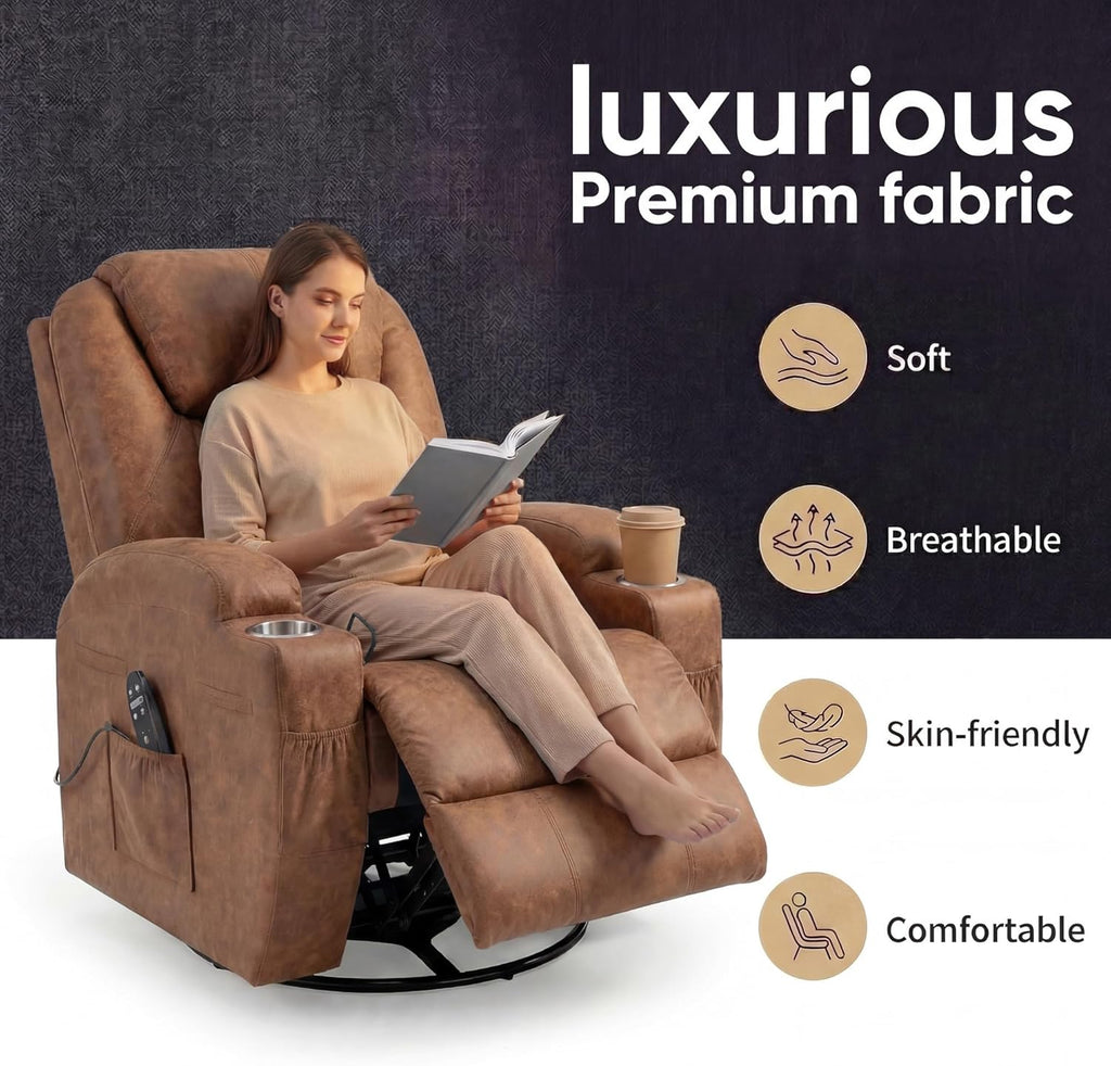 JUMMICO Small Swivel Rocker Recliner, 360 Rocking Chair Recliner with Massage, Upholstered Leathaire Rocker Recliner with Cup Holder for Living Room, Bedroom, Nursery (Dark Brown)