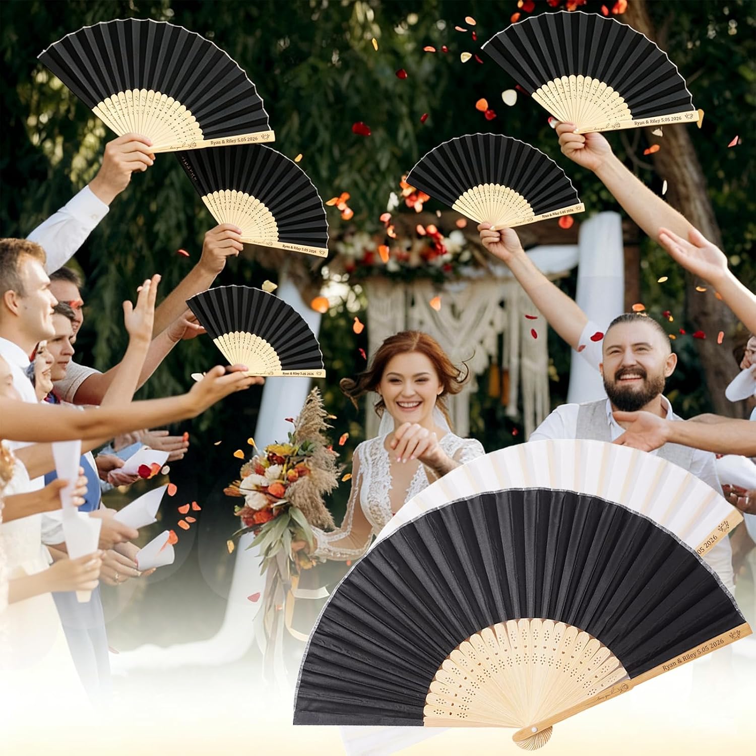 HJX Personalized Wedding Fans for Guests Custom Engraved Bulk Silk Folding Fans Favors for Party