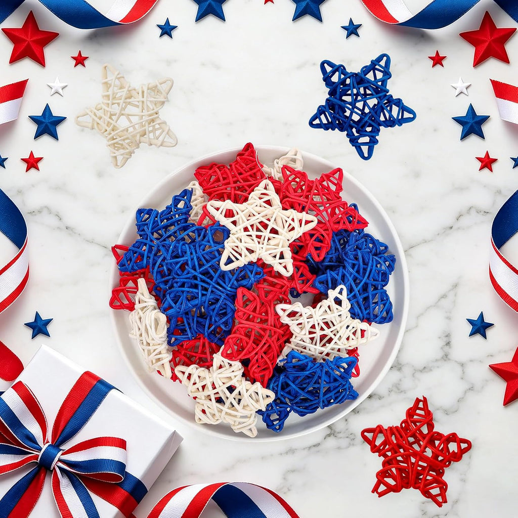 24Pcs 4th of July Rattan Stars Decoration Red White Blue Wicker Star Ornaments Patriotic Independence Day Home Decor for Vase Bowl Filler Table Centerpiece Party Decor DIY Craft