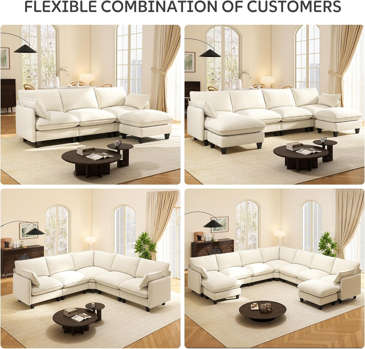 Ihanherry 105" Modular Sectional Sofa, L-Shaped Cloud Couch with Oversized Large Cushions & Movable Ottoman, Chenille Deep Seat Couch for Living Room, Beige