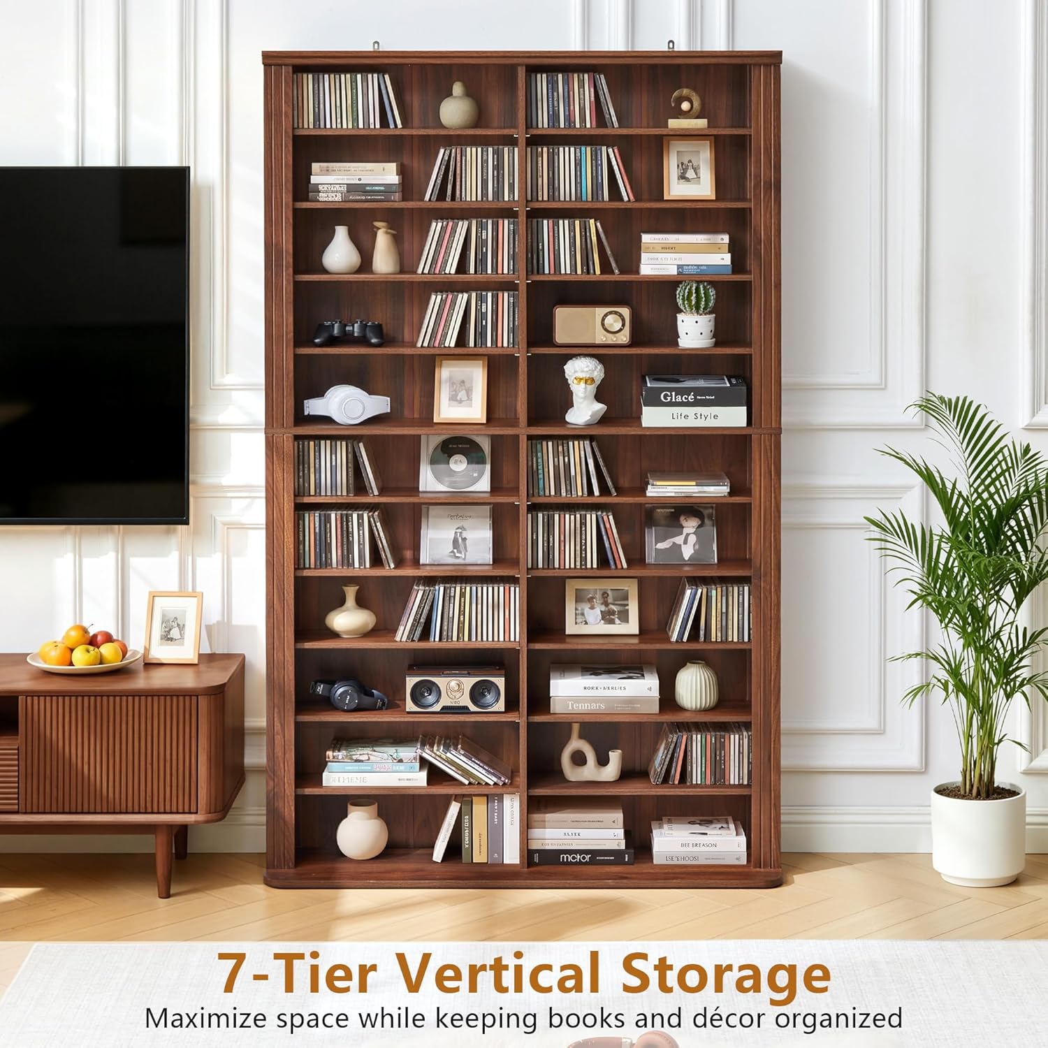 LEVNARY 71" Media Storage Tower, 22-Compartment Multimedia Cabinet with Adjustable Shelves, Fluted Grooved Sides, Anti-Tip Kit, for Movies, Games and Books (Walnut)