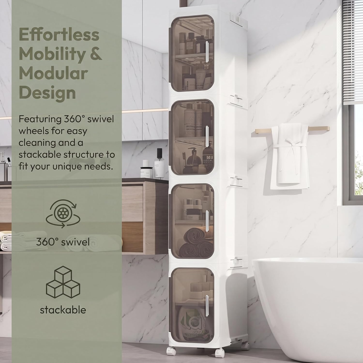 KHNR 4-Tiers Slim Bathroom Storage Cabinet,Narrow Bathroom Storage,Foldable Storage Cabinets,Movable Bathroom Storage Organizer for Small Spaces,Bathroom,White