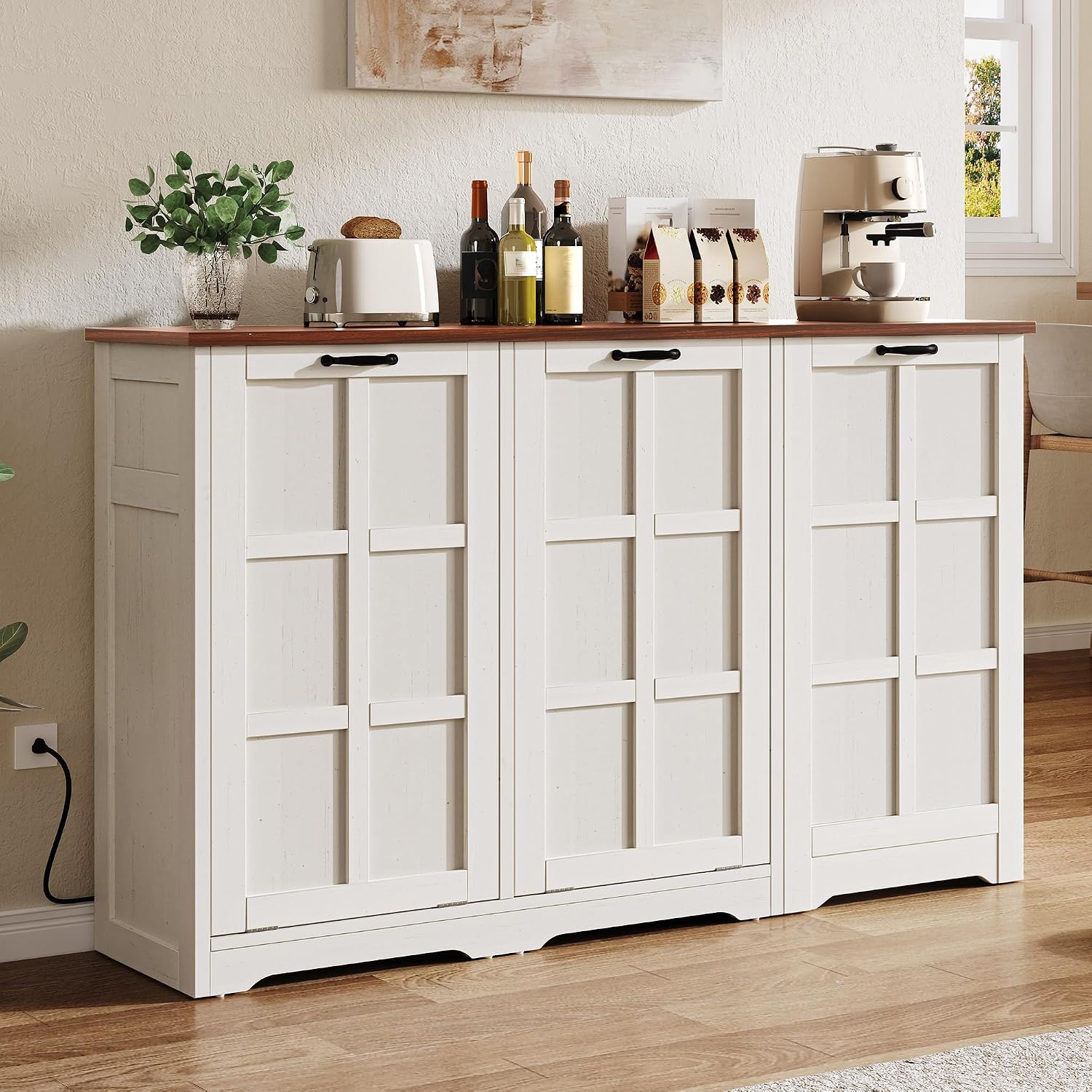 YITAHOME Farmhouse Kitchen Island with Power Outlet, Kitchen Storage Island with 2 Tilt-Out Compartments for 13 Gallon Trash Bins, Adjustable Shelf