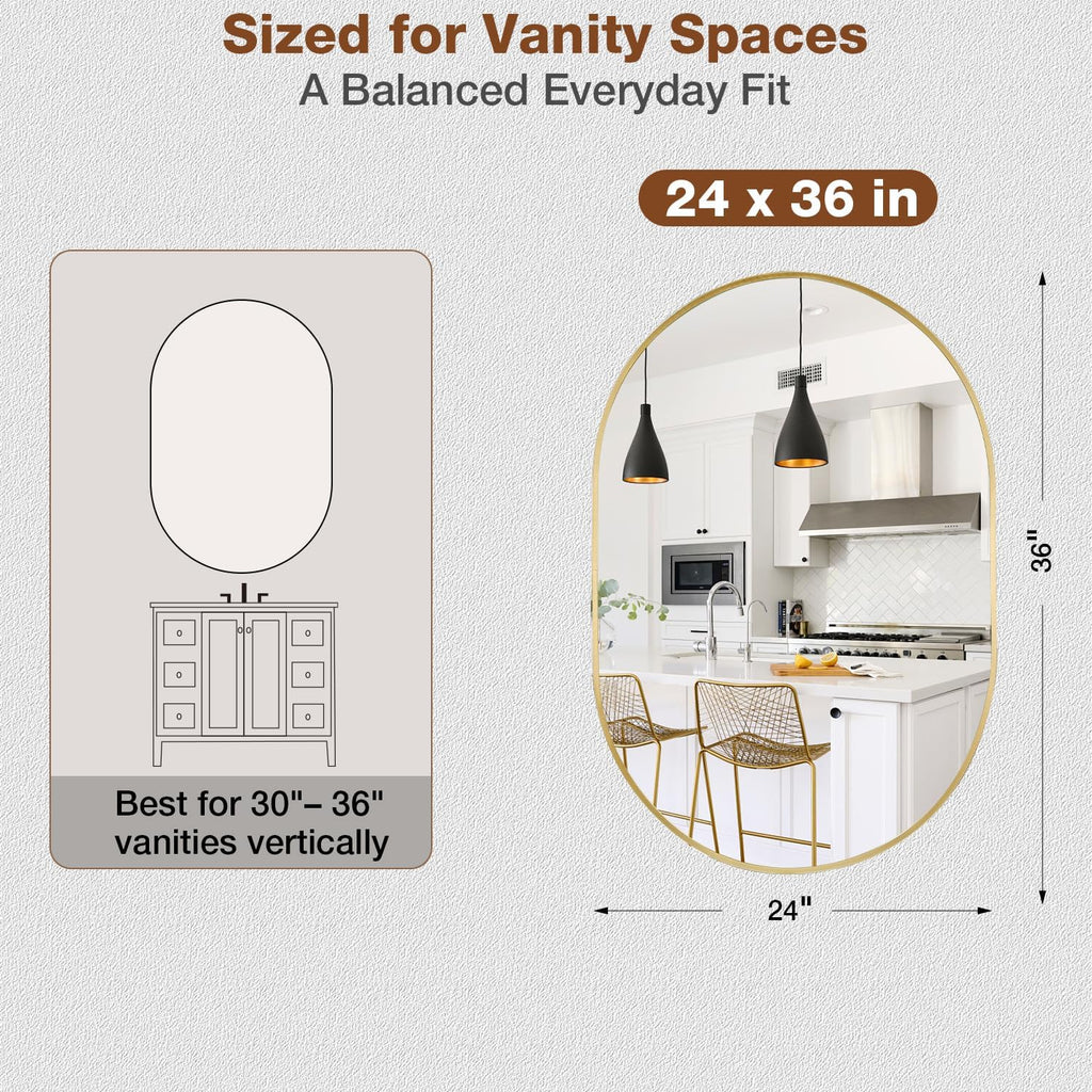 24x36 Inch Brushed Gold Oval Bathroom Mirror, Wall Mounted Vanity Mirror for Over Sink, Tempered Glass with Aluminum Frame, Vertical or Horizontal Hanging