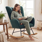 Rocking Chair, Upholstered Nursery Glider with 350 LBS Weight Capacity, Thick Padded Seat, Soft Teddy Fabric, Solid Wood Legs for Living Bedroom Nursery, 36.22"D x 28.35"W x 39.76"H, Green