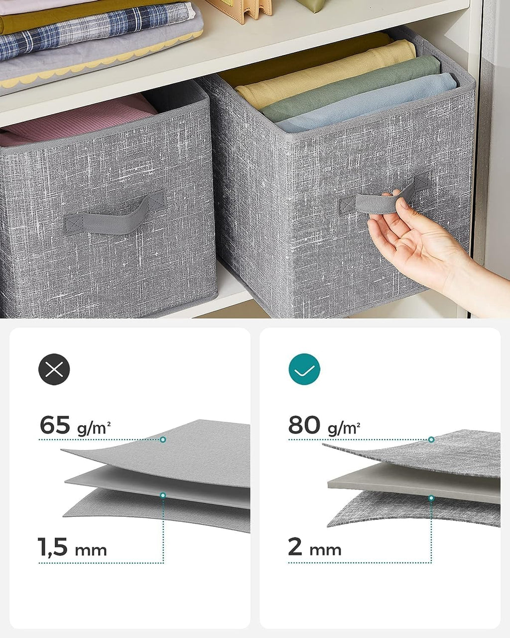 SONGMICS Storage Cubes, 11-Inch Non-Woven Fabric Bins with Double Handles, Set of 6, Closet Organizers for Shelves, Foldable, for Clothes, Cattail Gray UROB26LG