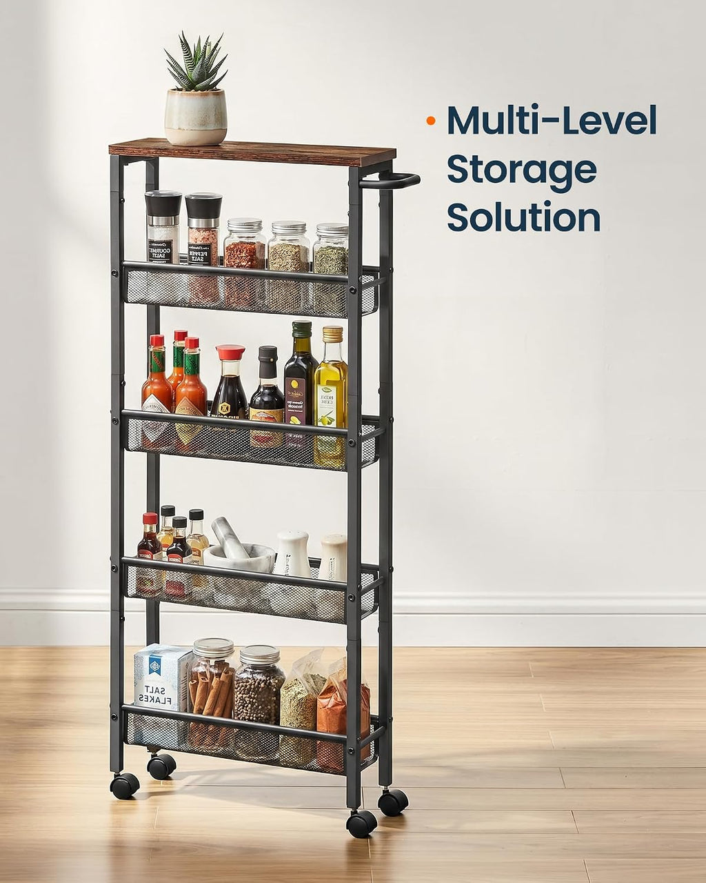 SONGMICS HOME Slim Rolling Cart, 5-Tier Storage Cart with Wheels and Handle, Narrow Utility Cart for Kitchen, Living Room, Brown and Black