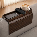 Bamboo Couch Arm Tray Table with Built-in Cup Holder, Foldable Anti-Slip Sofa Armrest Table for Drinks, Phone & Remote, Fits 4.7–16.9 in Armrests, Holds Cups up to 3.5 in Diameter (Brown)