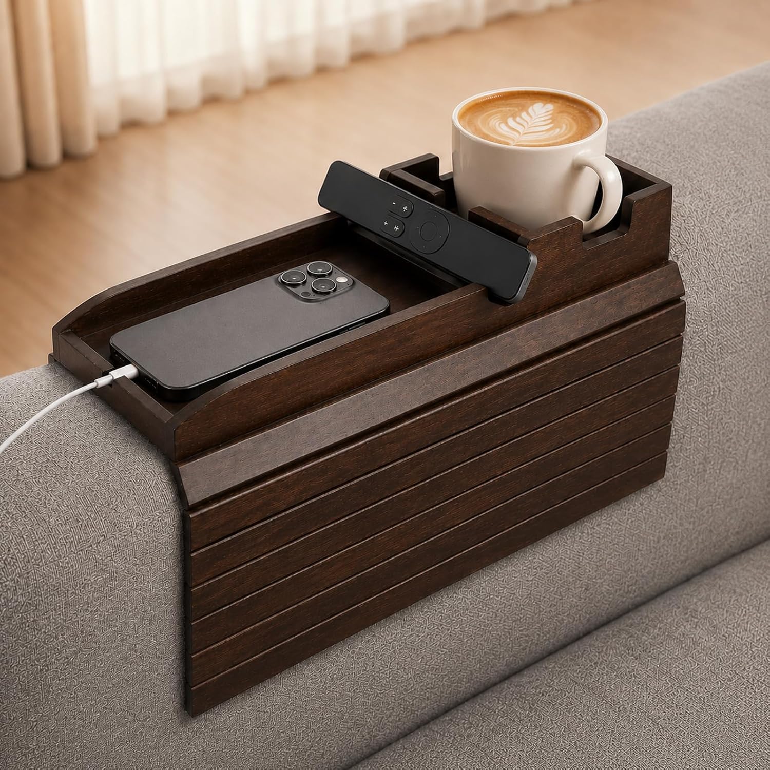 Bamboo Couch Arm Tray Table with Built-in Cup Holder, Foldable Anti-Slip Sofa Armrest Table for Drinks, Phone & Remote, Fits 4.7–16.9 in Armrests, Holds Cups up to 3.5 in Diameter (Brown)