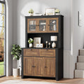 GAOMON 66" Tall Kitchen Pantry Cabinet, Modern Kitchen Hutch with Charging Station, Large Coffee Bar Storage Cabinet with Glass Doors and Drawers, Brown+Black