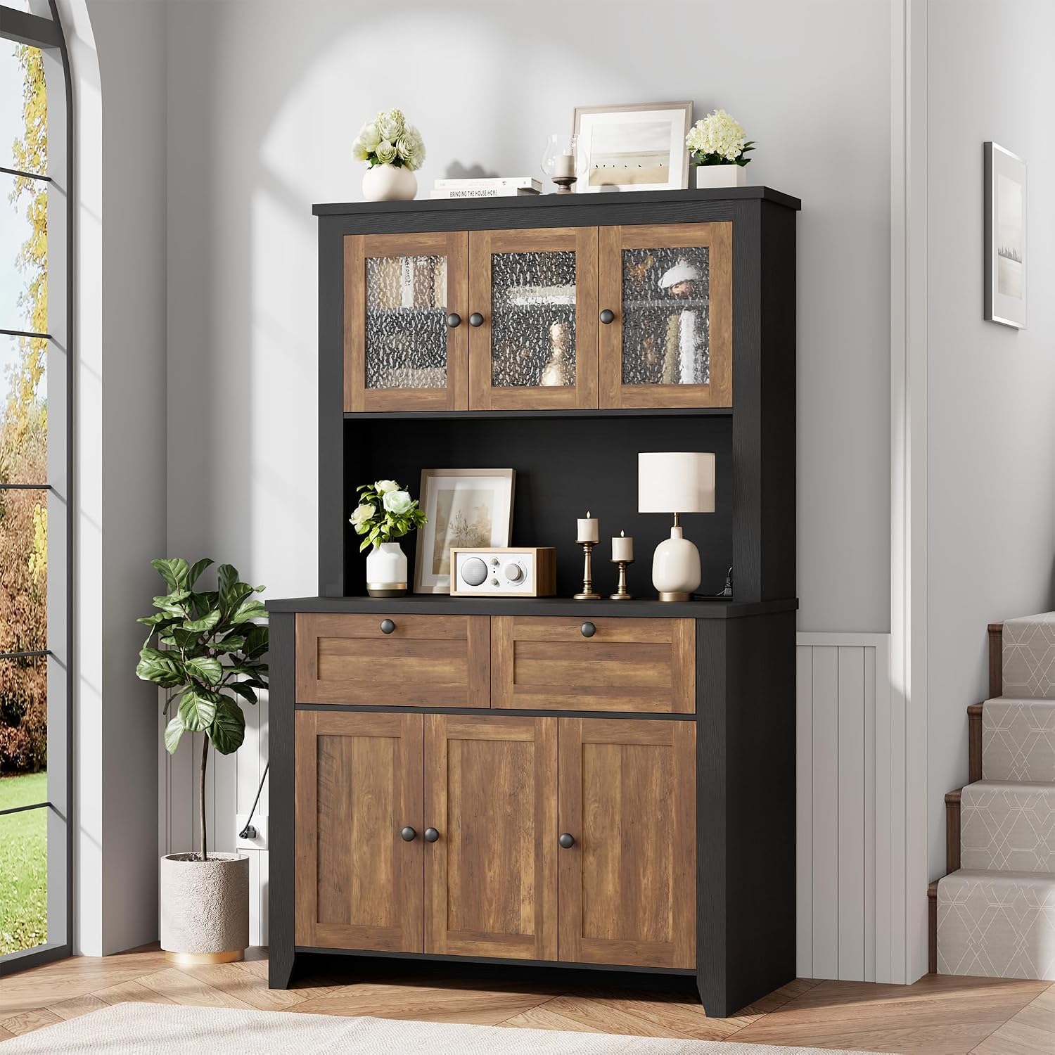 GAOMON 66" Tall Kitchen Pantry Cabinet, Modern Kitchen Hutch with Charging Station, Large Coffee Bar Storage Cabinet with Glass Doors and Drawers, Brown+Black
